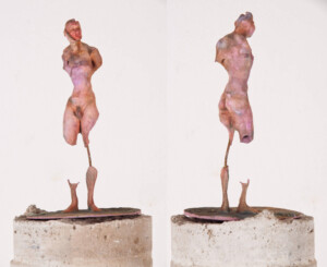 Basement crature; 2023; 53cm * 12cm; MJF print from 3D scan, brass, drill core from basement wall