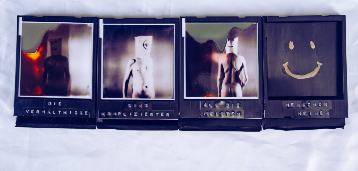 The situation is more complicated than most people think | Object, 2025; reproductions of Polaroid photographs (inkjet print), instant film cartridge, embossing tape; 11.3 x 9 x 1.5 cm